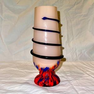 Bohemian Czech Kralik Art Glass Vase Pink Spatter & Blue Snake Windings